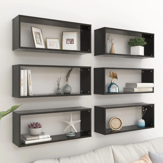 Berkfield Wall Cube Shelf 6 pcs High Gloss Black 60x15x23 cm Engineered Wood