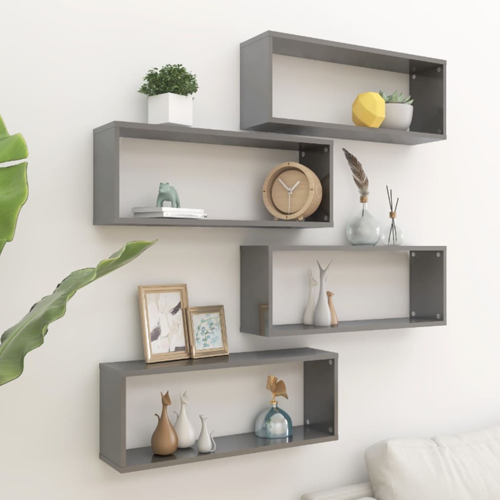 Berkfield Wall Cube Shelf 4 pcs High Gloss Grey 60x15x23 cm Engineered Wood