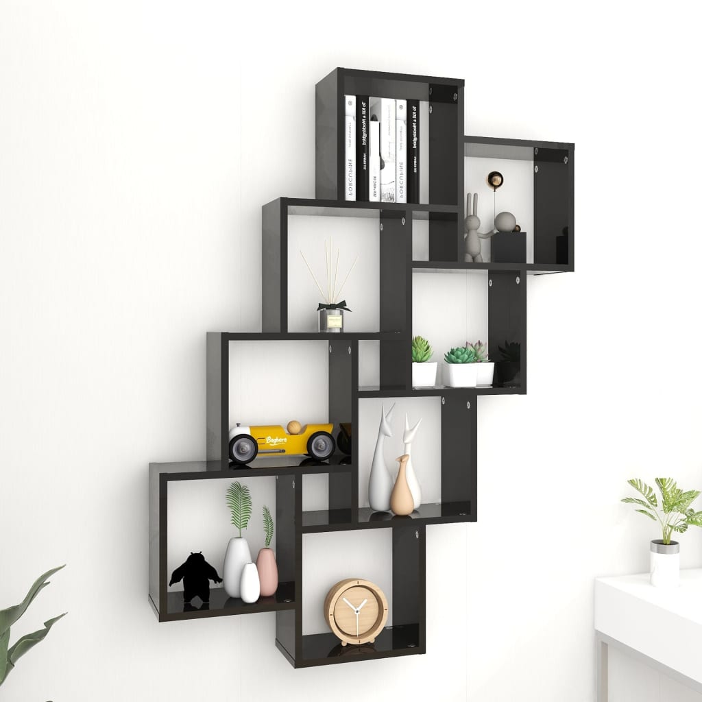 Berkfield Wall Cube Shelf High Gloss Black 90x15x119 cm Engineered Wood