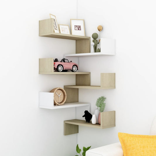Berkfield Wall Corner Shelf 2 pcs White&Sonoma Oak 40x40x50cm Engineered Wood
