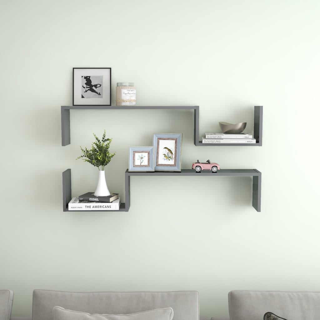 Berkfield Wall Shelf 2 pcs High Gloss Grey 100x15x20 cm Engineered Wood