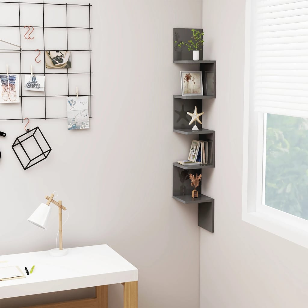 Berkfield Wall Corner Shelf High Gloss Grey 20x20x127.5 cm Engineered Wood
