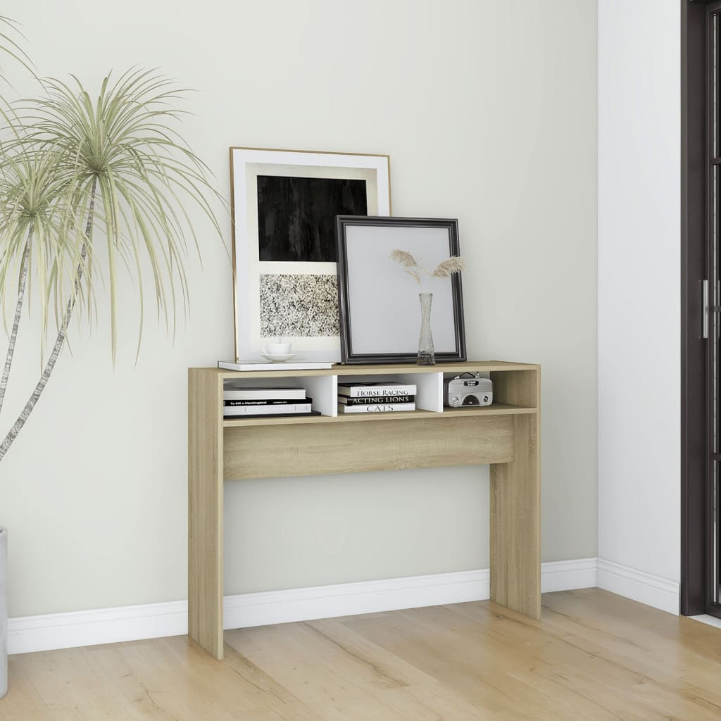 Berkfield Console Table White & Sonoma Oak 105x30x80 cm Engineered Wood