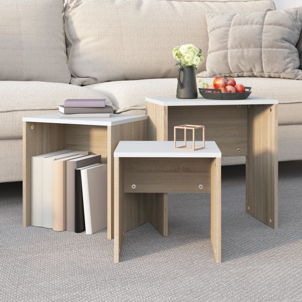 Berkfield Nesting Coffee Tables 3 pcs White and Sonoma Oak Engineered Wood