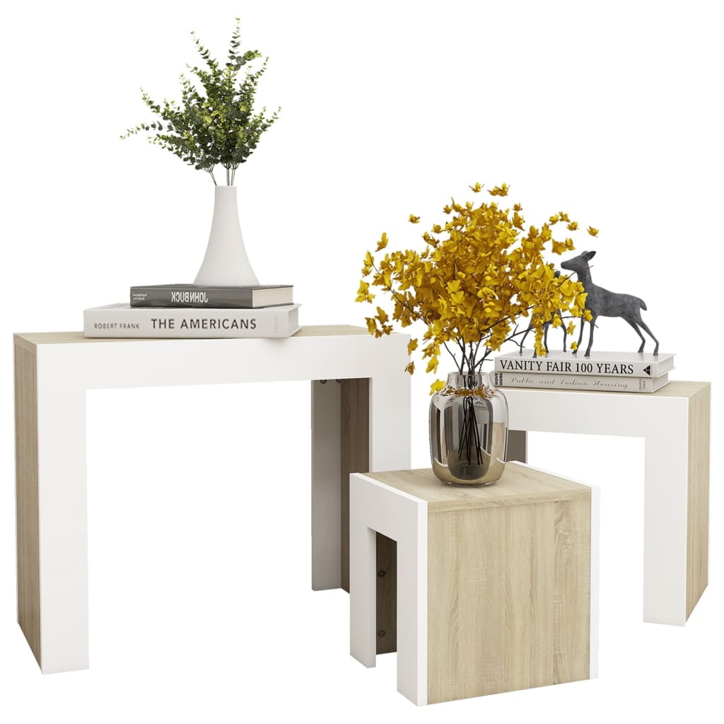 Berkfield Nesting Coffee Tables 3 pcs White and Sonoma Oak Engineered Wood