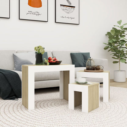 Berkfield Nesting Coffee Tables 3 pcs White and Sonoma Oak Engineered Wood