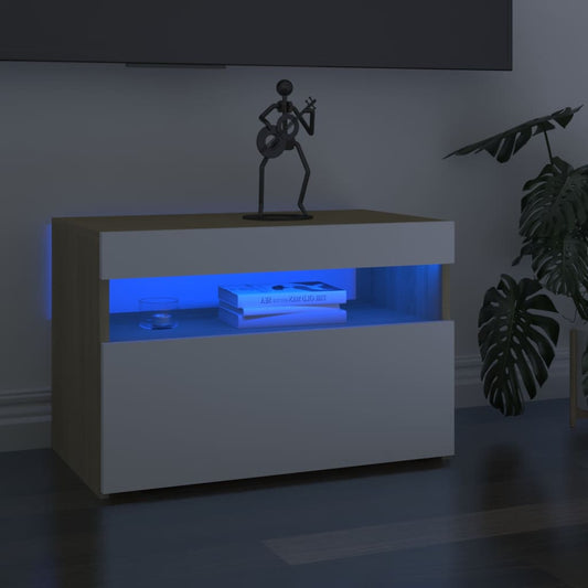 Berkfield Bedside Cabinet & LED Lights White and Sonoma Oak 60x35x40 cm