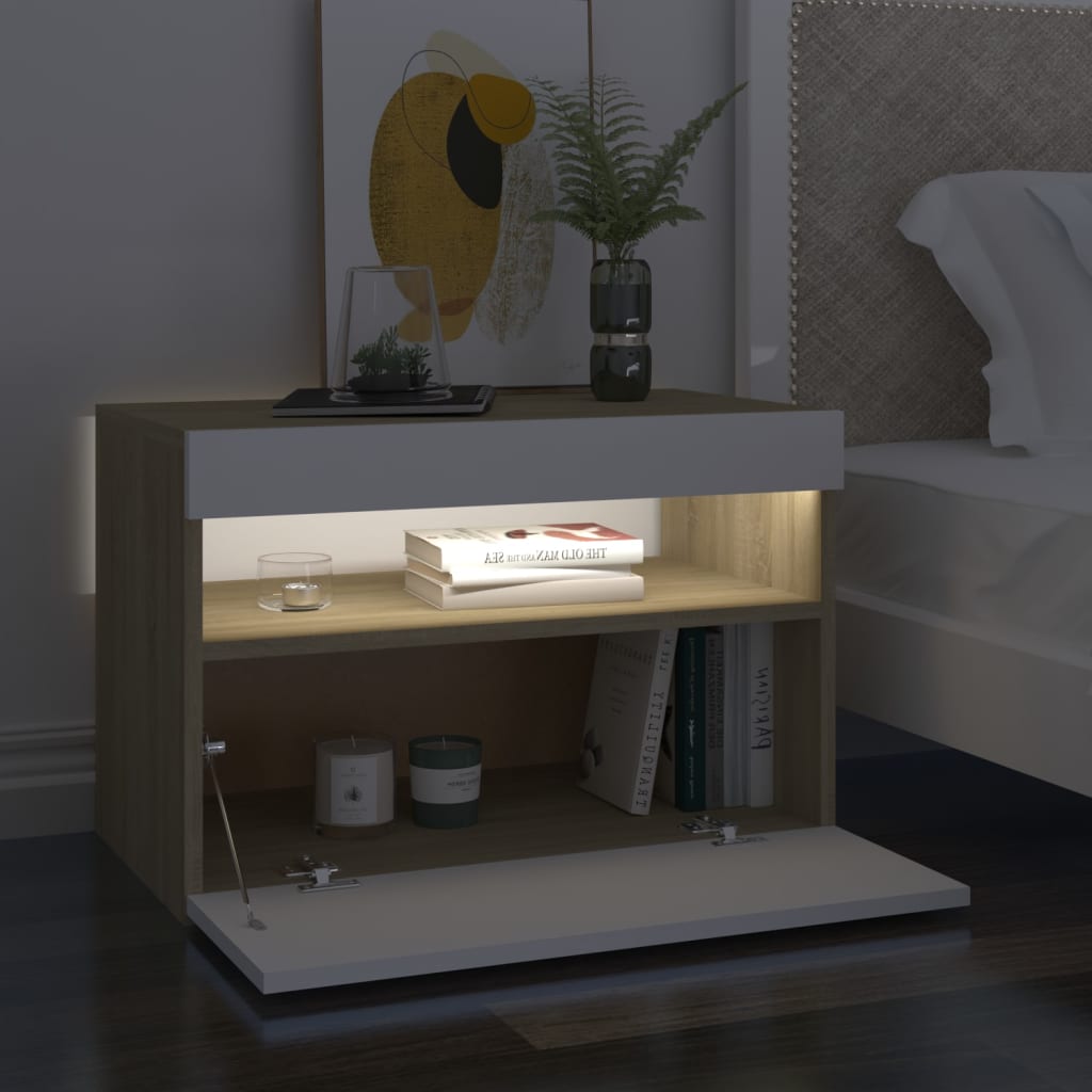 Berkfield Bedside Cabinet & LED Lights 2 pcs White and Sonoma Oak 60x35x40 cm