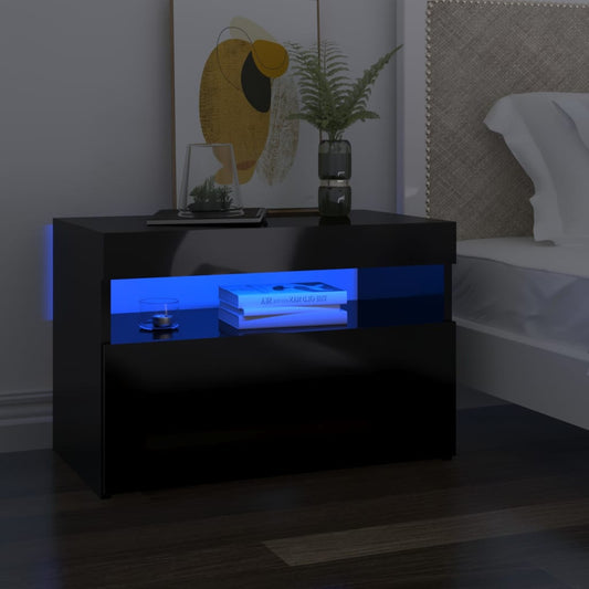 Berkfield Bedside Cabinet & LED Lights High Gloss Black 60x35x40 cm