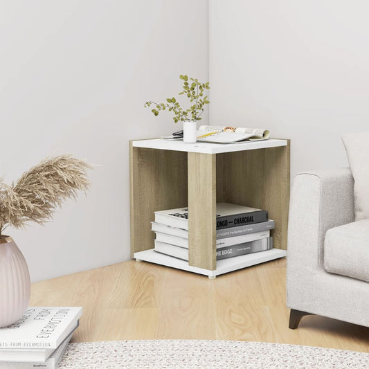 Berkfield Side Table White and Sonoma Oak 33x33x34.5 cm Engineered Wood