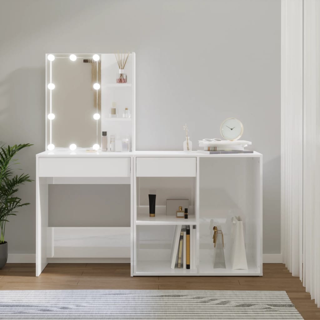 Berkfield LED Dressing Table with Cabinet High Gloss White Engineered Wood