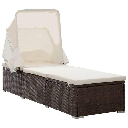 Berkfield Sun Lounger with Canopy and Cushion Poly Rattan Brown