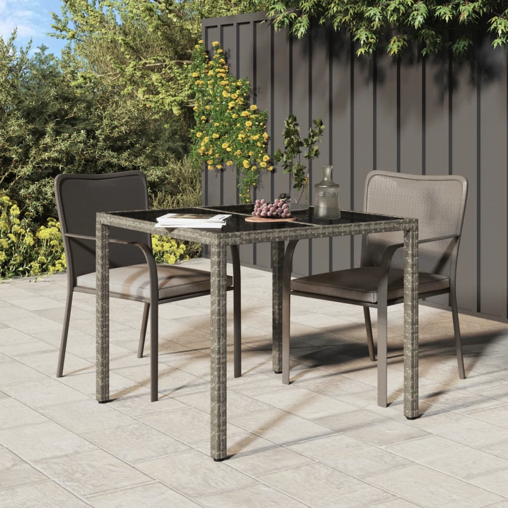 Berkfield Garden Table 90x90x75 cm Tempered Glass and Poly Rattan Grey
