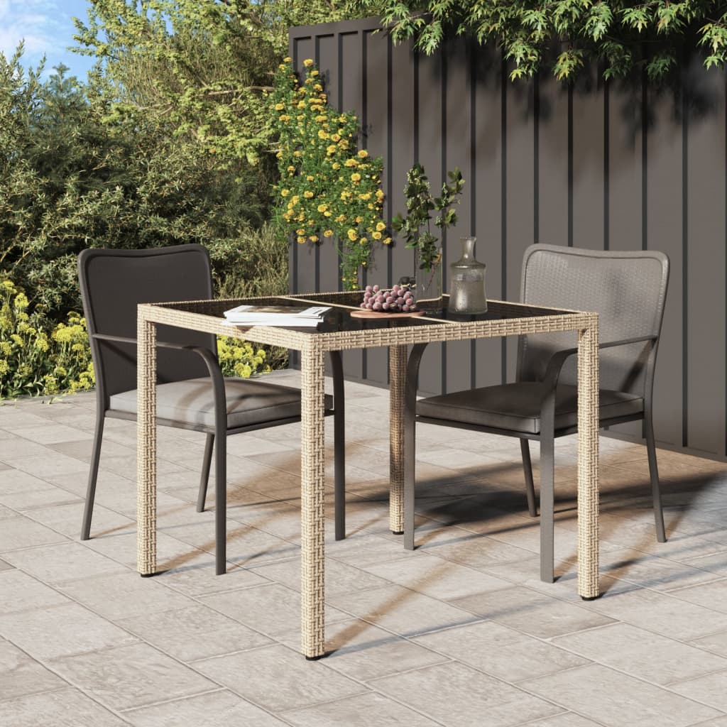 Berkfield Garden Table 90x90x75 cm Tempered Glass and Poly Rattan Beige