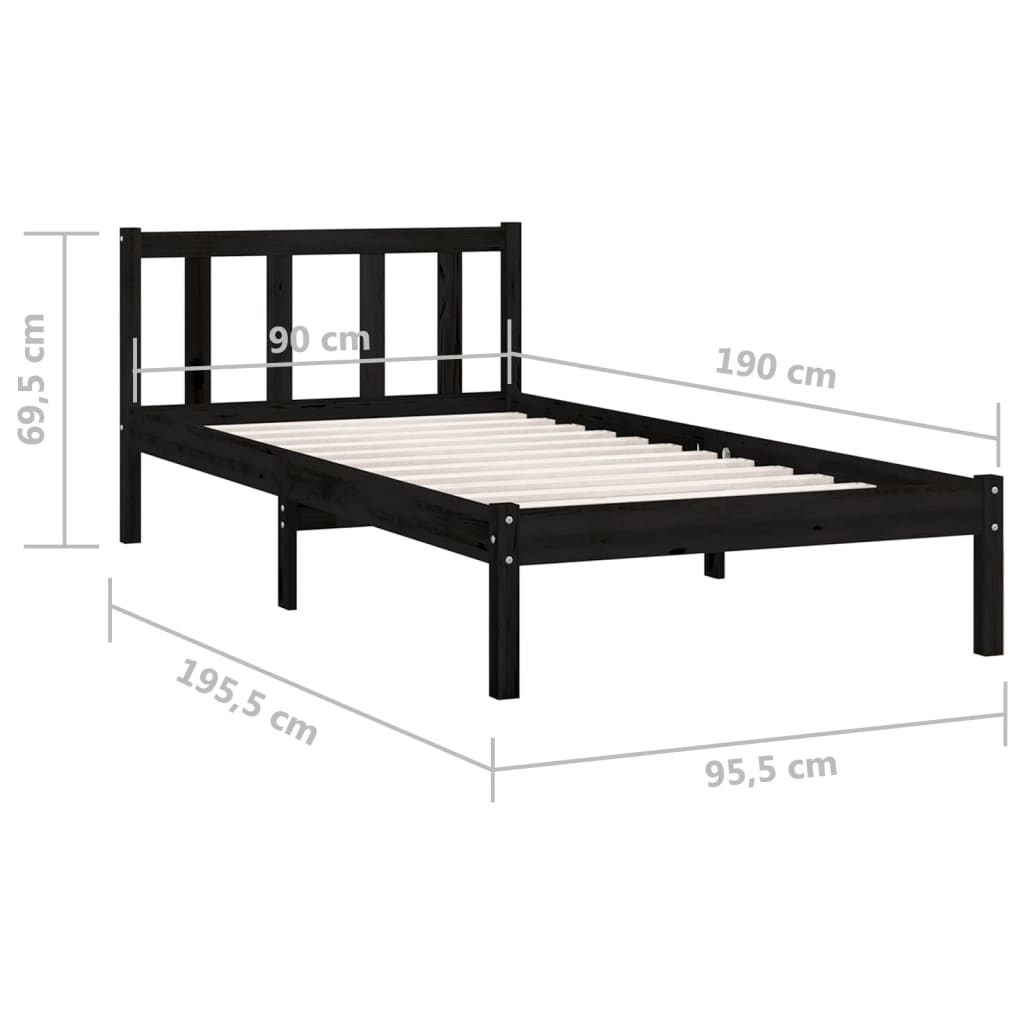 Berkfield Bed Frame Black Solid Wood Pine 90x190 cm Single