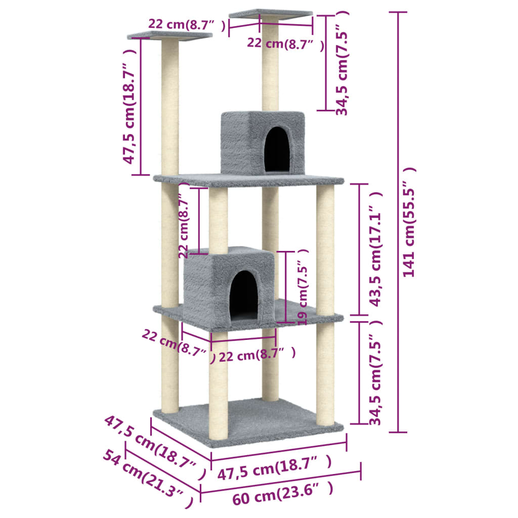 Berkfield Cat Tree with Sisal Scratching Posts Light Grey 141 cm