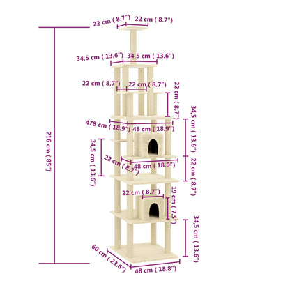 Berkfield Cat Tree with Sisal Scratching Posts Cream 216 cm