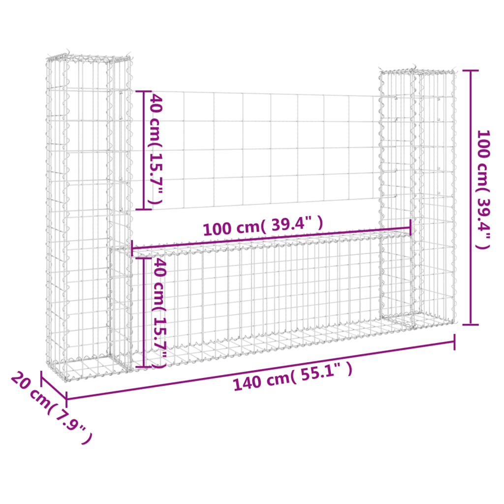 Berkfield U-shape Gabion Basket with 2 Posts Iron 140x20x100 cm