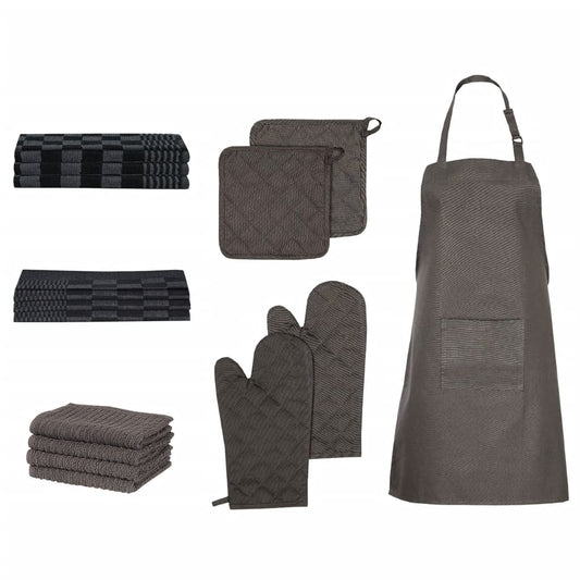 Berkfield 15 Piece Towel Set with Oven Gloves&Pot Holders Black Cotton