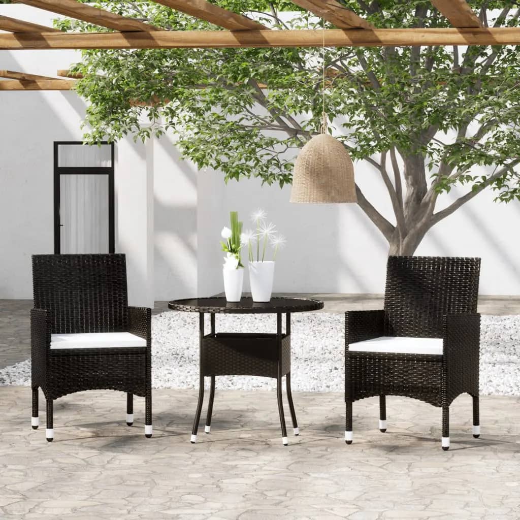 Berkfield 3 Piece Garden Bistro Set Poly Rattan and Tempered Glass Black