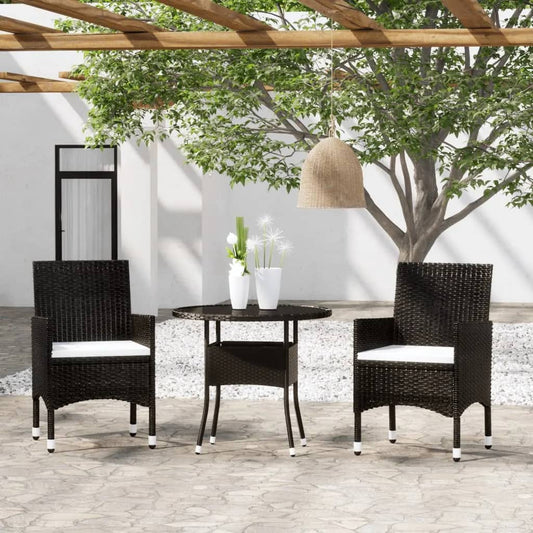 Berkfield 3 Piece Garden Bistro Set Poly Rattan and Tempered Glass Black