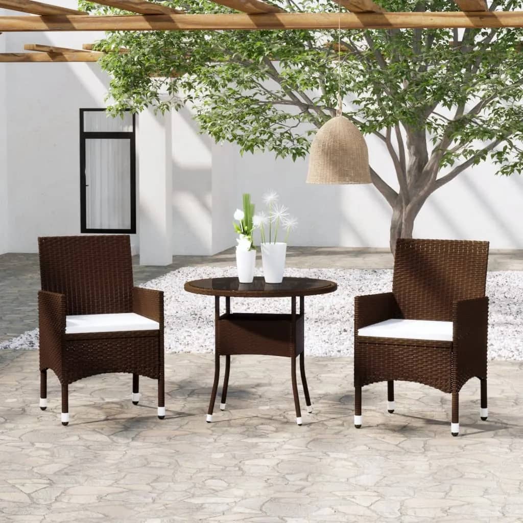 Berkfield 3 Piece Garden Bistro Set Poly Rattan and Tempered Glass Brown