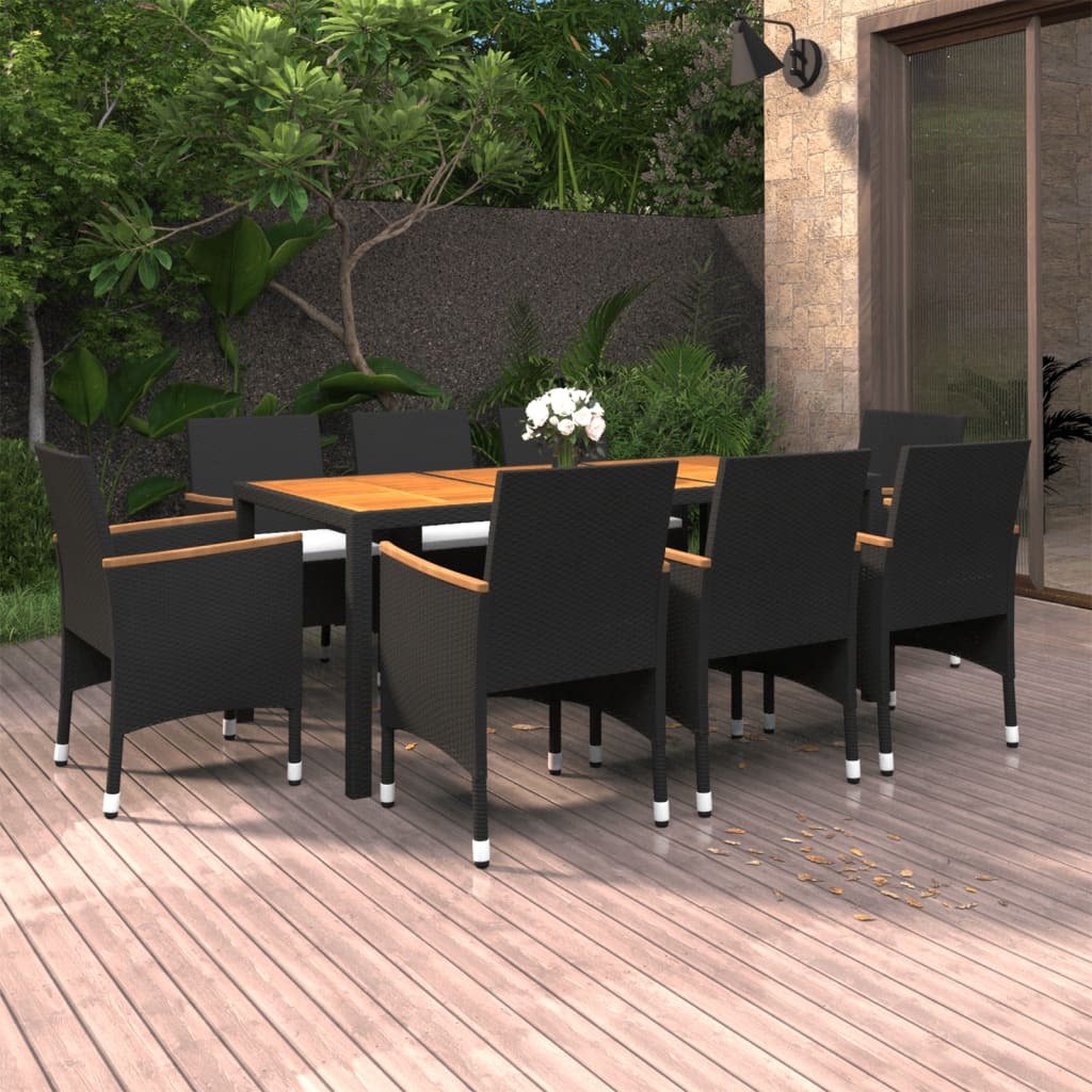 Berkfield 9 Piece Garden Dining Set Poly Rattan and Solid Wood Black