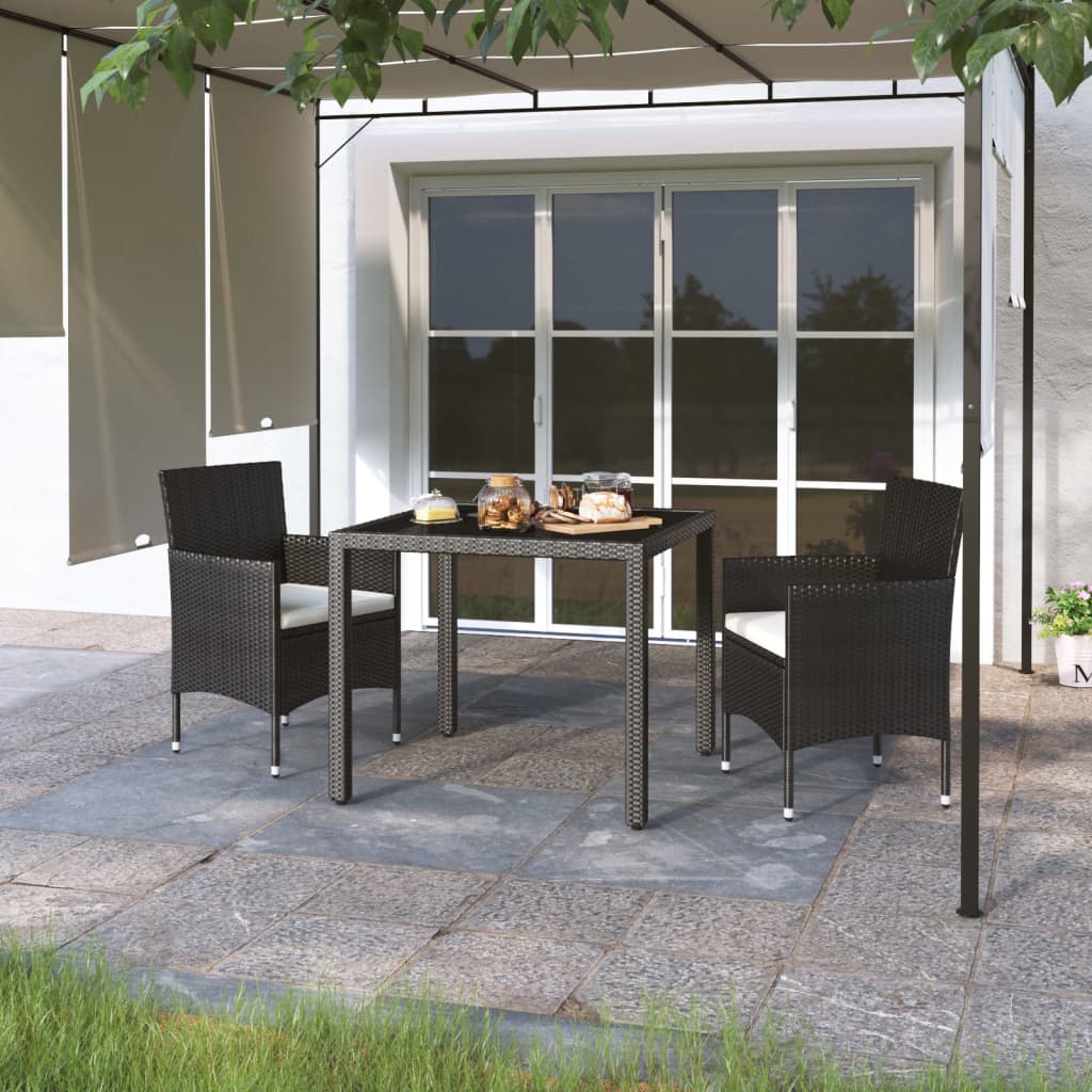 Berkfield 3 Piece Garden Dining Set Poly Rattan and Tempered Glass Black