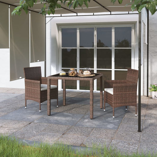 Berkfield 3 Piece Garden Dining Set Poly Rattan and Tempered Glass Brown