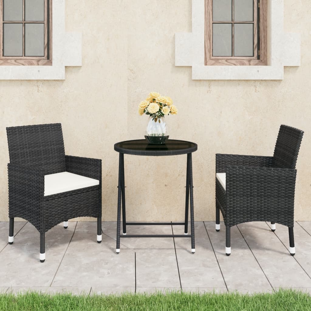 Berkfield 3 Piece Garden Bistro Set Poly Rattan and Tempered Glass Black