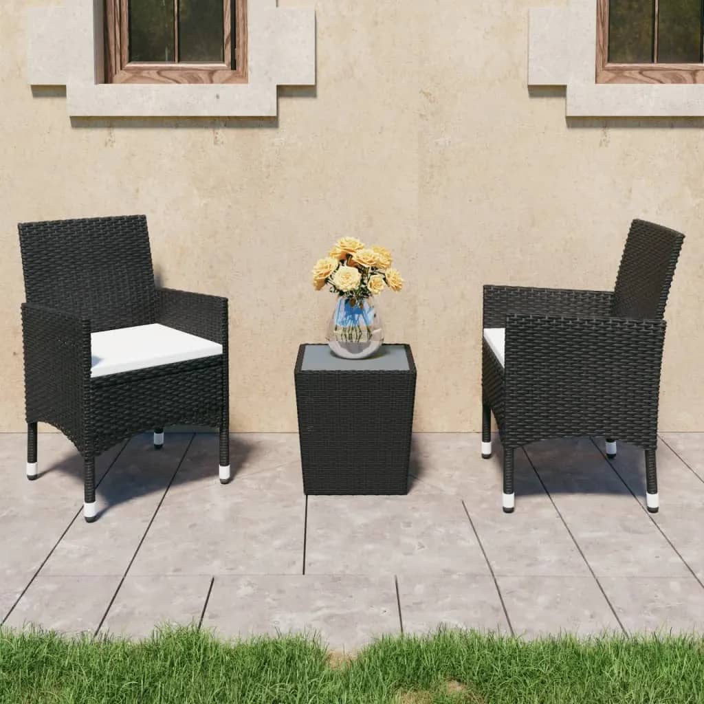 Berkfield 3 Piece Garden Bistro Set Poly Rattan and Tempered Glass Black