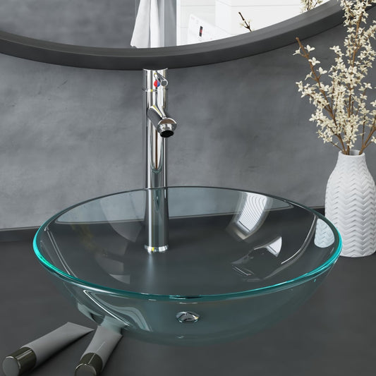 Berkfield Bathroom Sink with Tap and Push Drain Clear Tempered Glass
