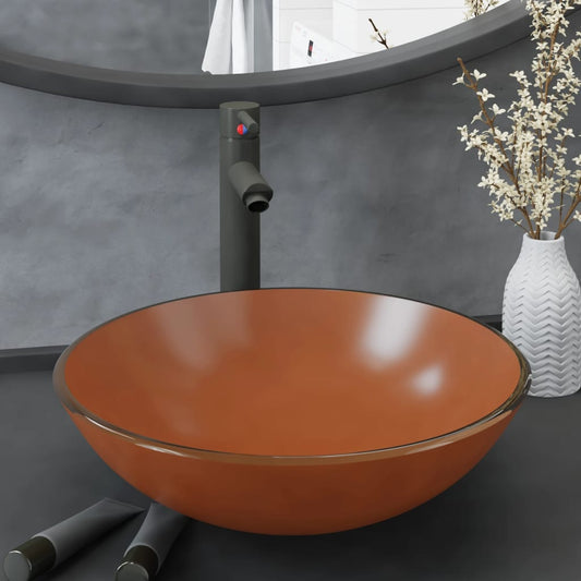 Berkfield Bathroom Sink with Tap and Push Drain Brown Tempered Glass