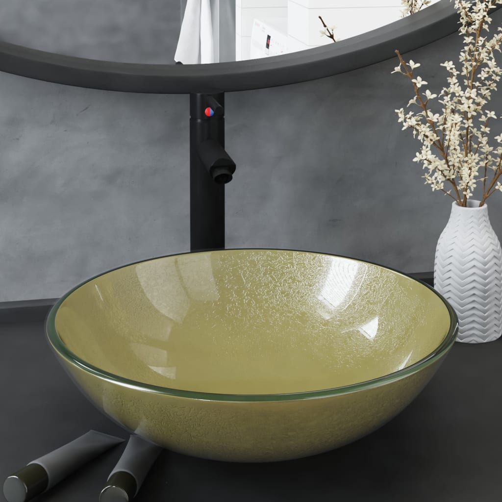 Berkfield Bathroom Sink with Tap and Push Drain Gold Tempered Glass