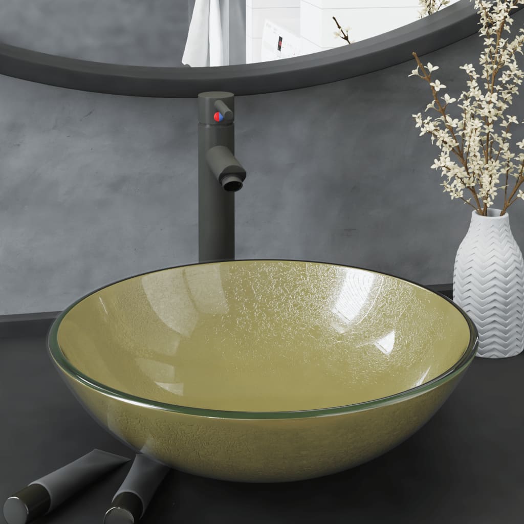 Berkfield Bathroom Sink with Tap and Push Drain Gold Tempered Glass