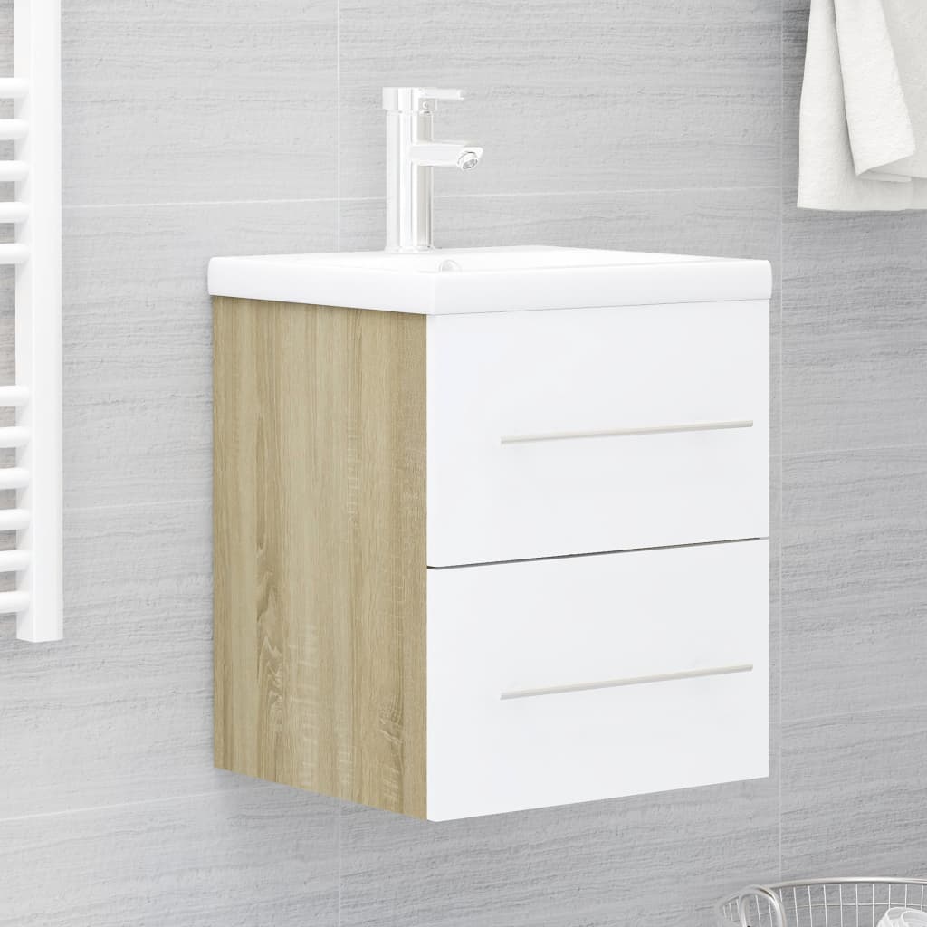 Berkfield Sink Cabinet with Built-in Basin White and Sonoma Oak Engineered Wood