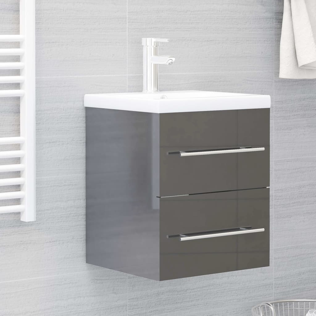 Berkfield Sink Cabinet with Built-in Basin High Gloss Grey Engineered Wood