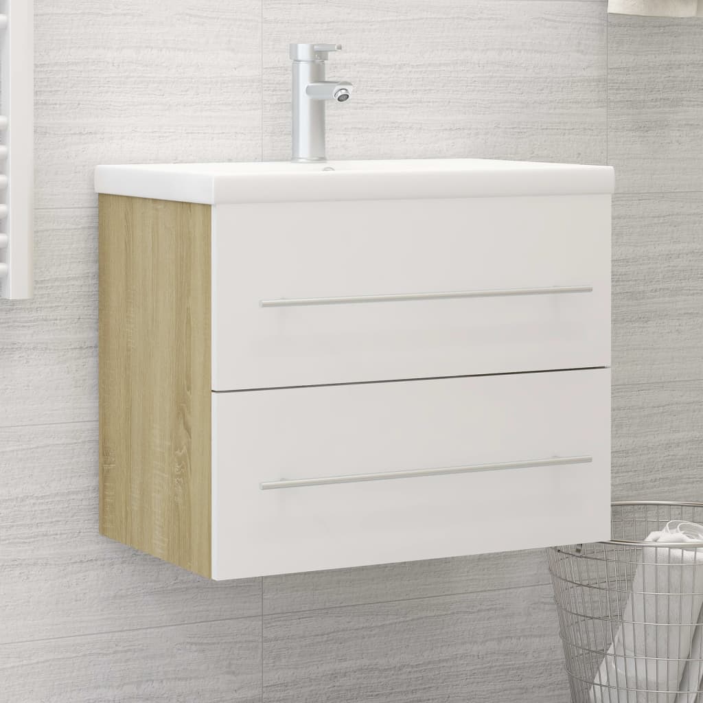 Berkfield Sink Cabinet with Built-in Basin White and Sonoma Oak Engineered Wood