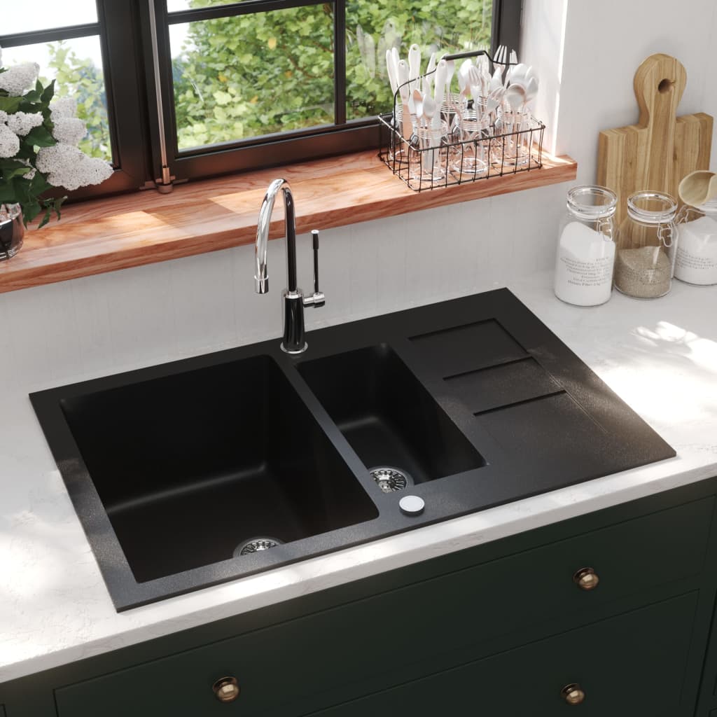 Berkfield Granite Kitchen Sink Double Basins Black