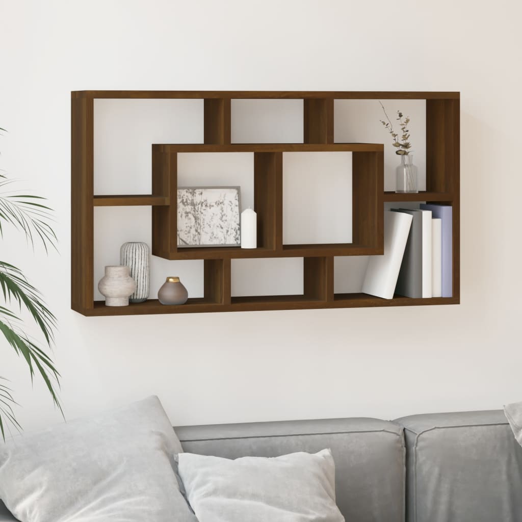 Berkfield Wall Display Shelf 8 Compartments Brown Oak