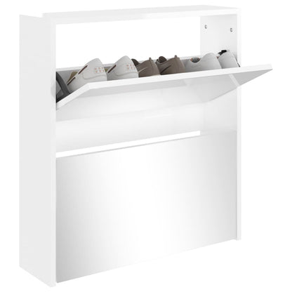 Berkfield Shoe Cabinet with Mirror 2-Layer High Gloss White 63x17x67 cm