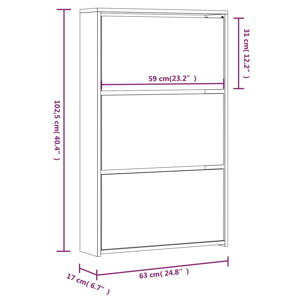 Berkfield Shoe Cabinet with Mirror 3-Layer Smoked Oak 63x17x102.5 cm