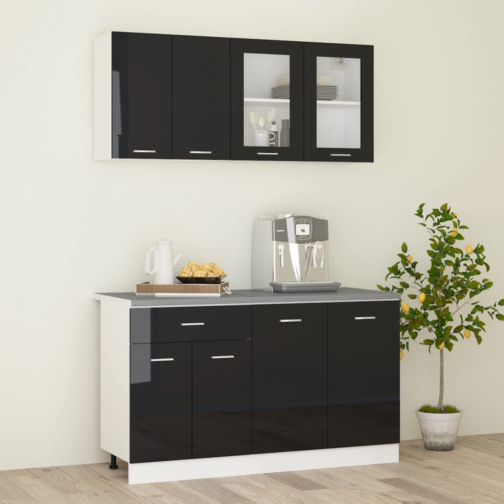 Berkfield 4 Piece Kitchen Cabinet Set with Worktop High Gloss Black