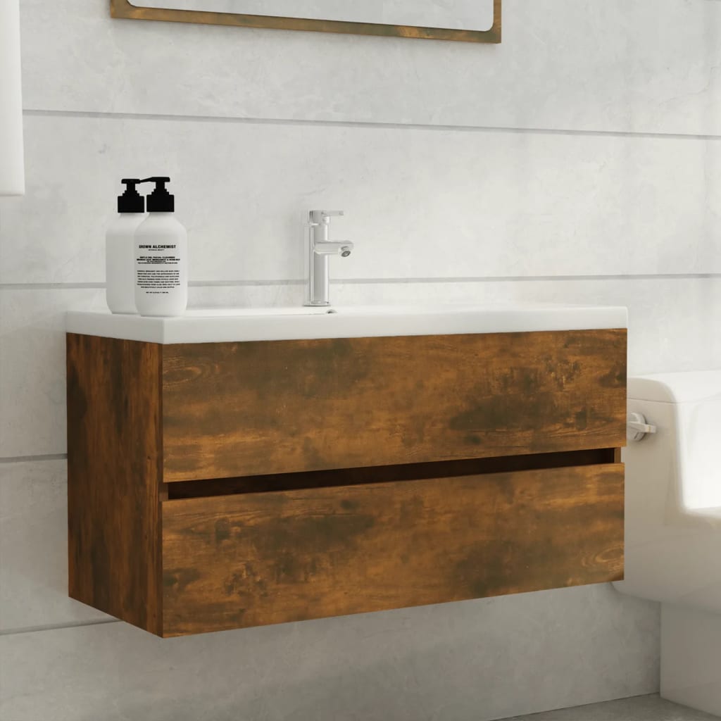Berkfield Sink Cabinet Smoked Oak 90x38.5x45 cm Engineered Wood