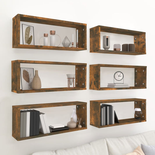 Berkfield Wall Cube Shelves 6 pcs Smoked Oak 60x15x23 cm Engineered Wood