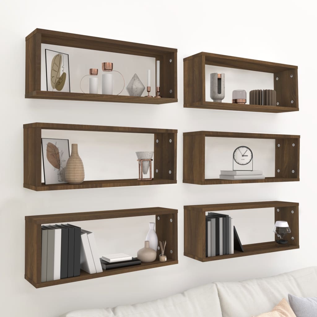 Berkfield Wall Cube Shelves 6 pcs Brown Oak 60x15x23 cm Engineered Wood