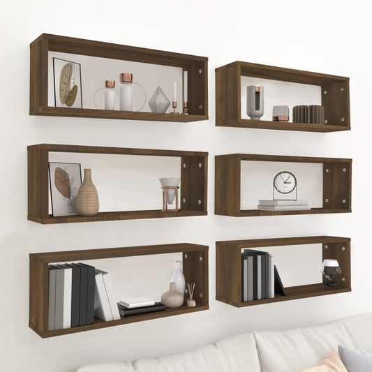 Berkfield Wall Cube Shelves 6 pcs Brown Oak 60x15x23 cm Engineered Wood