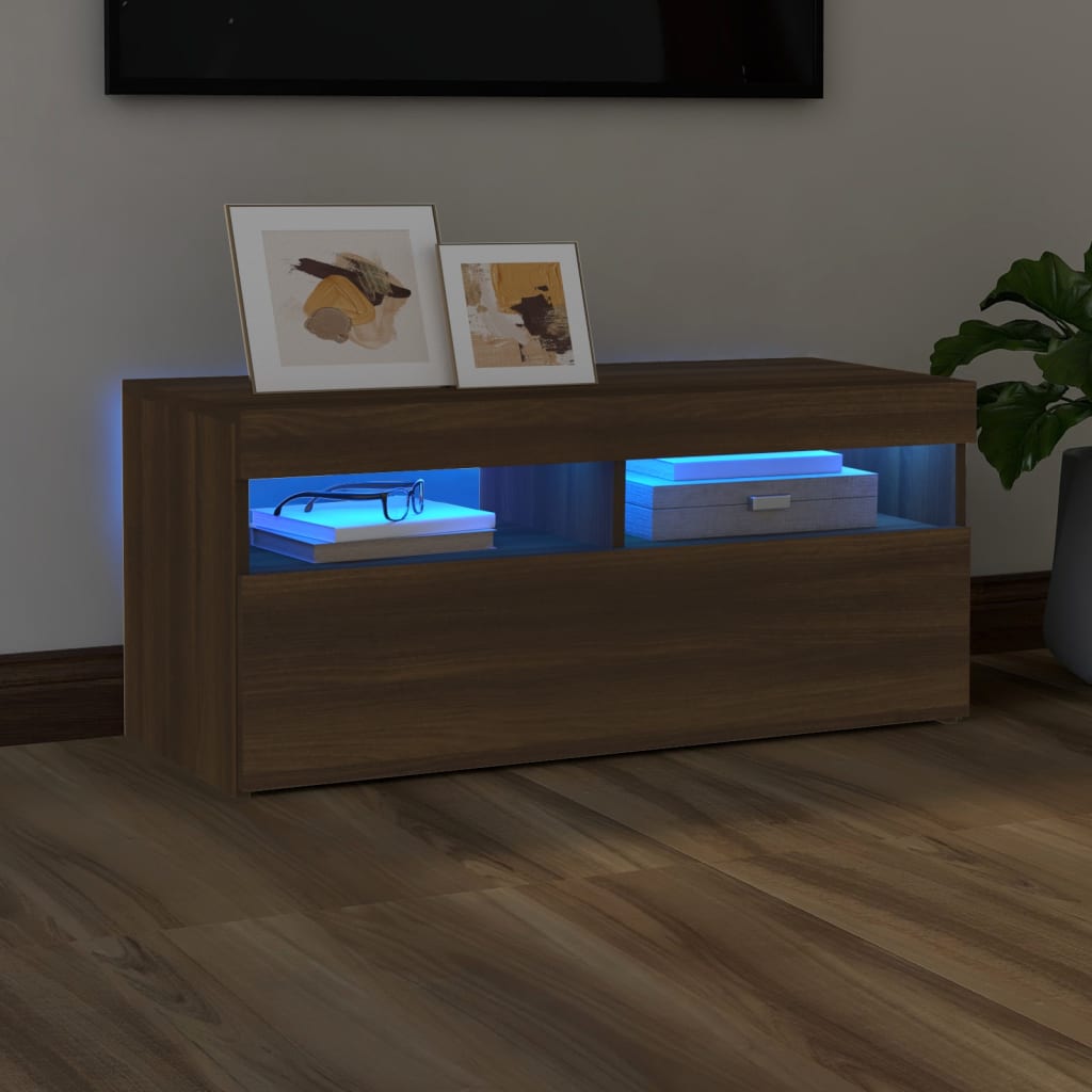 Berkfield TV Cabinet with LED Lights Brown Oak 90x35x40 cm