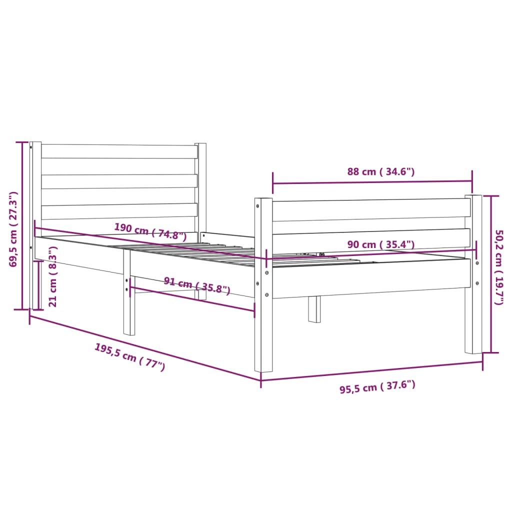 Berkfield Bed Frame Solid Wood 90x190 cm Single