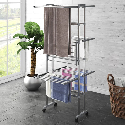 Berkfield 3-Tier Laundry Drying Rack with Wheels Silver 60x70x129 cm